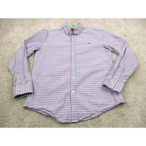 Vineyard Vines Shirt Mens Small Slim Pink Blue Plaid Whale Cotton Button Up